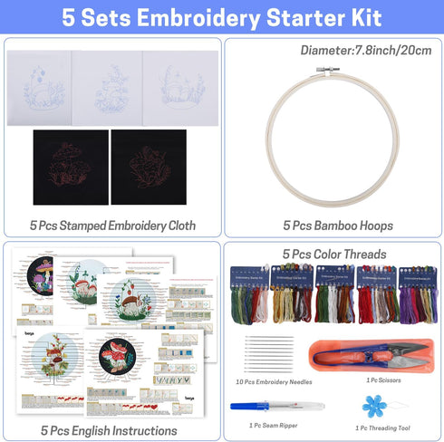 BERYA 5 Set Embroidery Kit for Adult Beginners, Stamped Cross Stitch Kit with Mushroom Pattern, Hoops, Color Threads, Tools and Easy to Follow Ins...