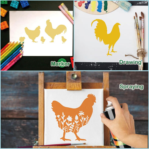 Chicken Stencils for Painting on Wood, Wildflower Rooster Stencils for Crafts Reusable Wood Burning Drawing Art Animal Paint Stencils and Patterns...