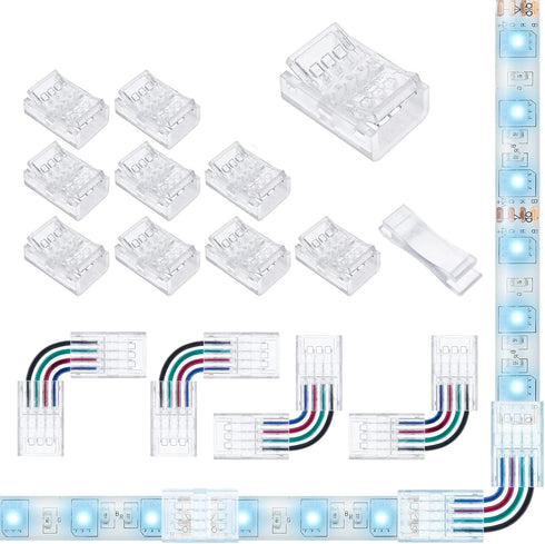 Led Strip Connectors, Transparent Led Light Connectors 4 pin 10 Pack and L Shape 4-Pin LED Corner Connectors 4-Pack for 10mm Wide Waterproof or No...