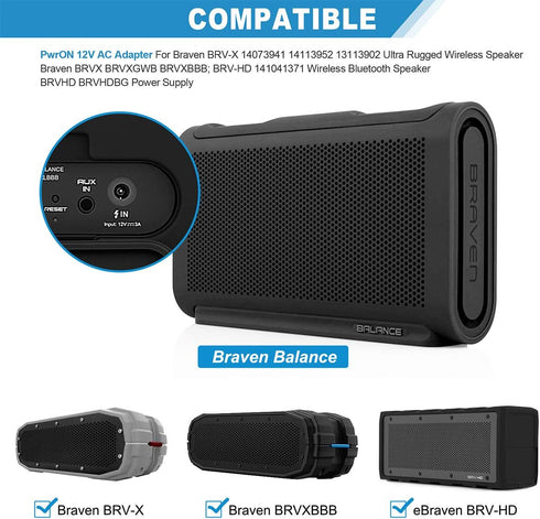 PwrON 12V AC Adapter Fits for Braven BRV-X 14073941 14113952 13113902 Ultra Rugged Wireless Speaker Braven BRVX BRVXGWB BRVXBBB; BRV-HD 141041371 ...