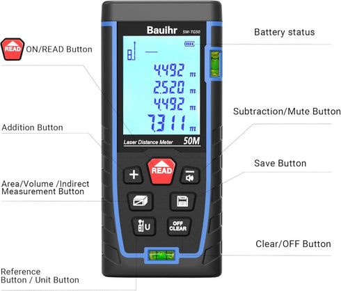 Laser Measure, Bauihr 165ft Laser Distance Meter, Portable Laser Measurement Tool with 2 Bubble Levels, Large Backlit LCD Display, Allowing Pythag...