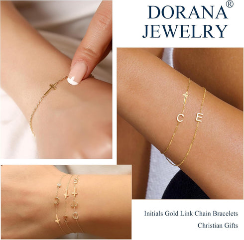 14K Gold Filled Initial Cross Bracelet,Sterling Silver Cross Bracelet Minimalist Tiny A-Z Letter Gold Chain Bracelet for Women Dainty Cross Jewelr...