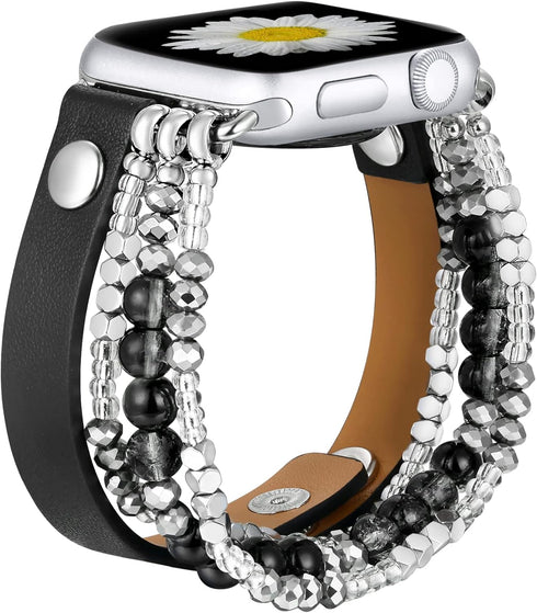 fastgo Bracelet Band Leather Compatible with Apple Watch 44mm 45mm 42mm 49mm Women, Dressy Fancy Elastic Beaded Jewelry Strap for Iwatch SE & Seri...