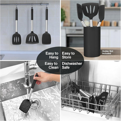 P&P CHEF Black Cooking Utensil Set of 3, Silicone Kitchen Utensils, Slotted & Solid Spatula Turners for Flipping Stir-Frying, Nonstick & Heat Proo...