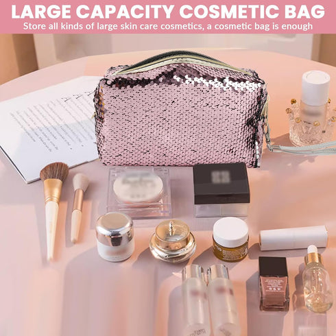 Magic Sequin Travel Cosmetic Bags Reversible Glitter Makeup Organizer Bag Purse for Women(Pink)...