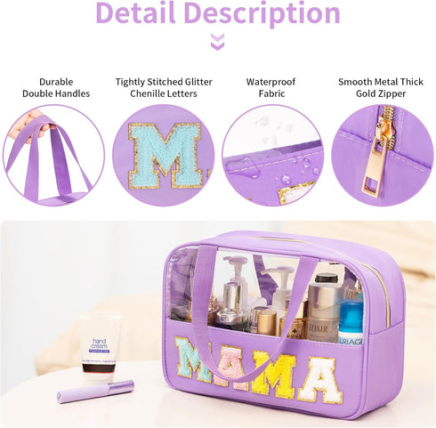 Chenille Letter Patch Clear Makeup Bag, Preppy Nylon Makeup Bag with Handle and Zipper, Waterproof Large Clear Travel Toiletry Bag Storage Bag for...