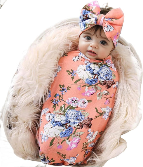 Galabloomer Newborn Receiving Blanket Headband Set Baby Flower Rose Swaddle with big bow (orange)...