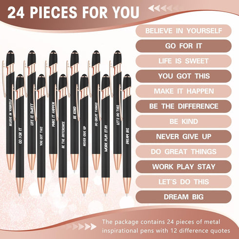 Yeaqee 24 Pcs Inspirational Ballpoint Pens Motivational Black Ink Retractable Quotes Pen with Stylus Tip Encouraging Message Pen Bulk for Women Me...