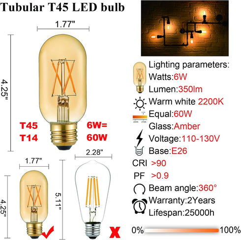 LiteHistory E26 LED Bulb 6W Equivalent E26 Bulb 60 watt Warm White 2200K Amber E26 Edison Bulb dimmable AC120V 400lm Tubular T14 T45 LED Bulb for ...