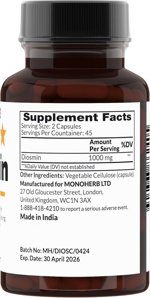 Diosmin 1000 mg - 90 Veg Capsules | 500 mg per Capsule - Serving Size 2 Capsules: 1000 mg - 45 Servings...