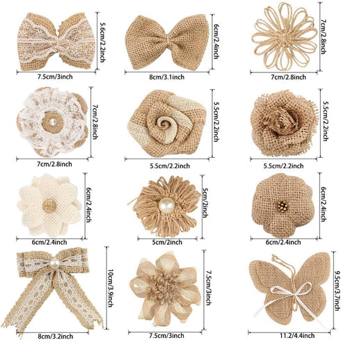 30PCS Burlap Hessian Flowers Set, Include 24 Burlap Flowers and Bowknots, 5 Lace Burlap Ribbon Rolls,1 Twine Ribbon and Glue Point for Wedding Par...