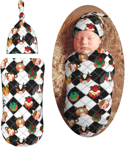 Chinese Zodiac Newborn Swaddle Blanket with Beanie Set Soft Baby Sleep Sack Stretch Adjustable Swaddle Wraps Receiving Blankets...