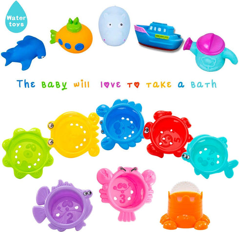 INNOCHEER Baby Bath Toys for Water Table, Toddler Water Toys with Mold Free Bath Toys Stacking Cups, Quick Dry Organizer Net, 13 Pcs Water Table T...