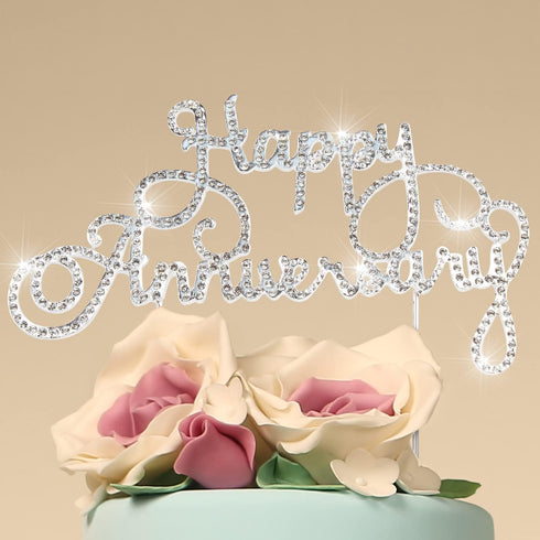 Happy Anniversary Cake Topper Wedding Anniversary Crystal Rhinestone Party Decoration Silver (Silver)...