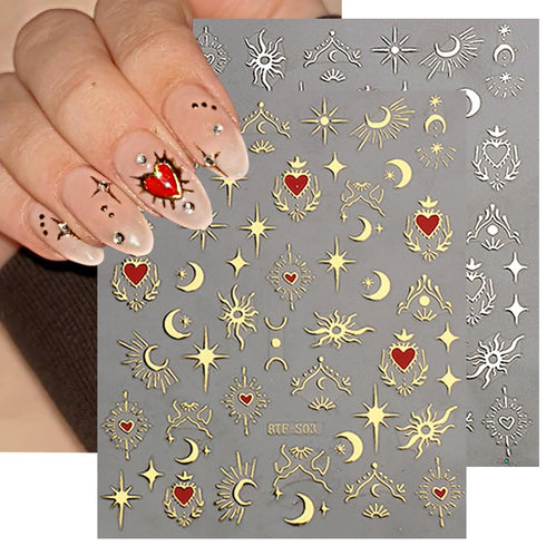 6Sheets Moon Star Nail Art Stickers Gold Silver Nail Decals for Nail Art Design Charms 3D Glitter Crystal Diamond Nail Stickers Self-Adhesive Pega...
