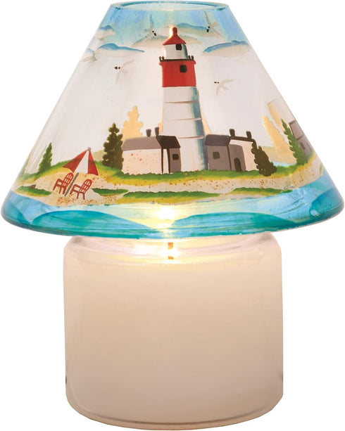 Jar Candle Shade - Hand Painted Glass Lighthouse Beach Scene Candle Topper, 4 x 6-Inch, Seashore...
