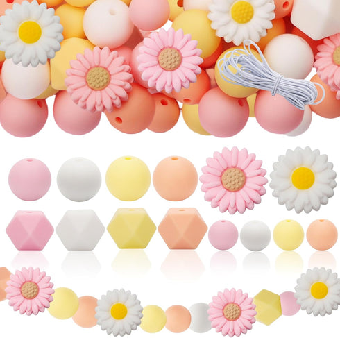 100Pcs Daisy Silicone Beads with Elastic Rope Pink White Flowers Shape Silicone Loose Bead 4 Colors Round Hexagon Spacer Beads for DIY Crafts Jewe...