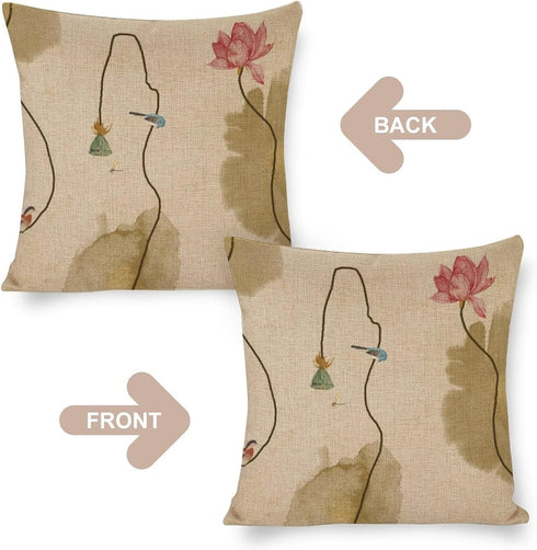 Chinoiserie Throw Pillow Cover Lotus Ink Painting Flowers Pillow Cases Farmhouse Home Decor for Room Couch Patio Porch Outdoor 18"x18"...