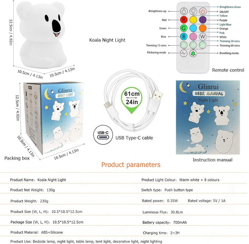 Koala Night Light for Kids Silicone Bedside Bedroom Lighting, Baby Nursery Light Sleeping NightLights, Color Changing Lamps - Eye Caring, Adjustab...