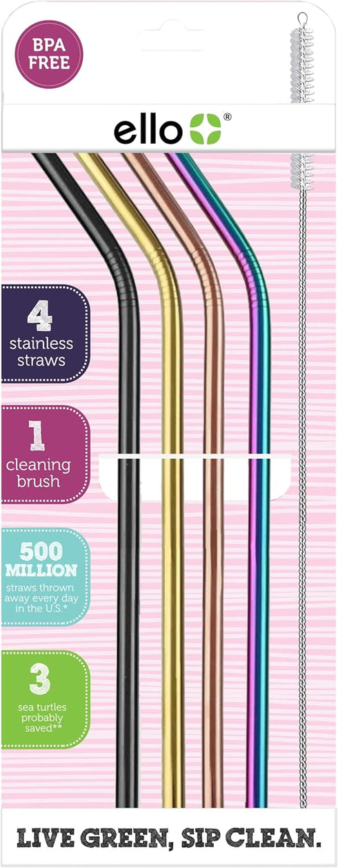 Ello Impact Stainless Steel Reusable Straws with Cleaning Brush, 4 Piece, Metallics...