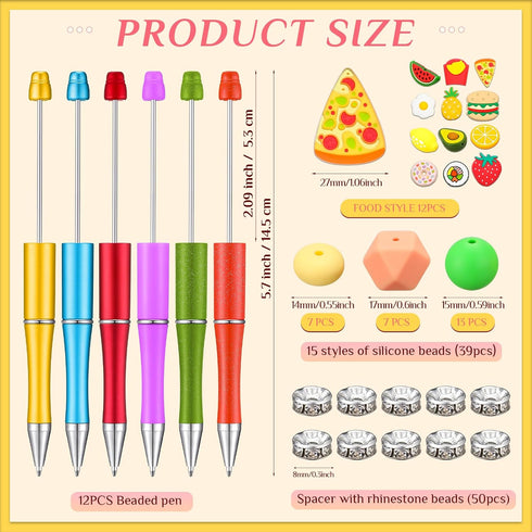 Ctosree 12 Pcs Beadable Pens Kit Silicone Focal Beads for Beadable Pens DIY Cute Animals Bead Pens Making Kit Cow Dinosaur Rainbow Beaded Ballpoin...