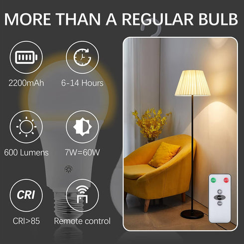 Texsens-Rechargeable-LED-Emergency-Light-Bulb, 7W 600LM 3000K E26 Battery Powered Lamp with Hooks & Remote Controller for Power Outage Camping Hur...