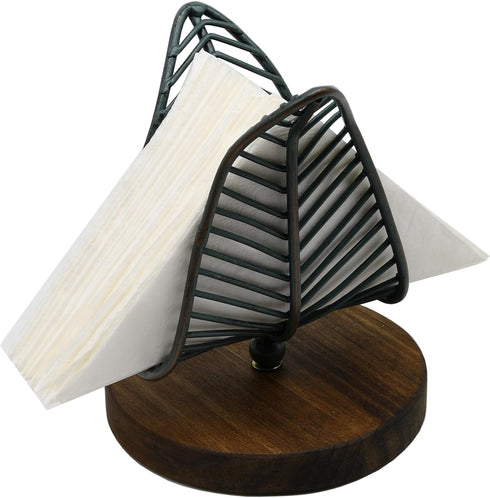 OwlGift Freestanding Modern Napkin Holder w/Golden Turquoise Wrought Iron Leaf & Brown Wooden Base Design, Tabletop Tissue Dispenser, Napkin Stora...