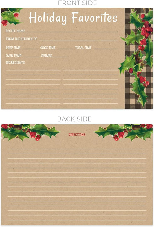 Kraft Look Holiday Favorites Recipe Cards / 50 Rustic Faux Kraft Christmas Recipe Card Pack / 4" x 6" Flat Double Sided Vintage Design Baking Dire...
