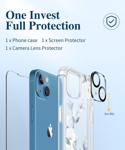 GVIEWIN Designed for iPhone 13 Case 6.1 Inch, with Tempered Glass Screen Protector + Camera Lens Protector Clear Flower Soft & Flexible Shockproof...