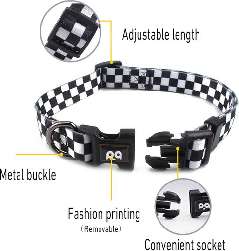Dog Collar, Comfortable Adjustable Fashion Checkerboard Grid Black and White Color Plaid Collar, Durable Buckle Collar for Pet Dog Cat...