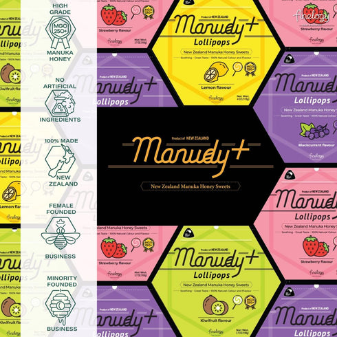 Manudy+ New Zealand Manuka Honey Sweets Lollipops MGO250+ Natural Fruits Flavor 12 Pops (Lemon)...