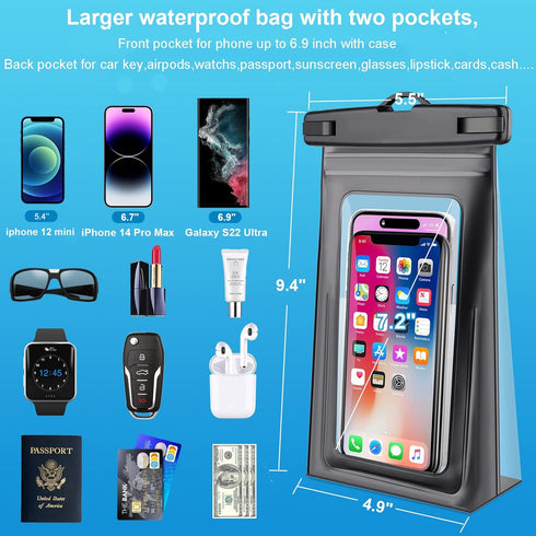 2 Pcs Large Waterproof Phone Pouch, Floating Waterproof Phone Case for iPhone 15 14 Pro Max 13 Plus 12 11 Samsung Up to 7.2'', Water Proof Protect...