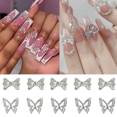 20Pcs Silver Butterfly Bow Nail Charms LRKNNO Shiny 3D Butterfly Nail Gems Charms for Nails Alloy Bows Nail Rhinestones Crystals Butterfly Nail Ar...