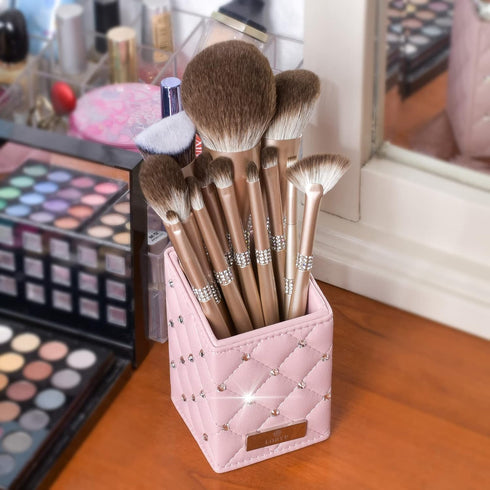 LORYP Makeup Brush Holder Crystal Brushes Cup Pink PU Make up Brush Case Bag Storage for Women...