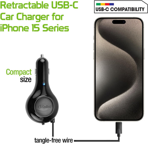 Retractable USB-C Fast Car Charger Compatible for Apple iPhone 15, Samsung Galaxy Smartphones, Google Pixel iPad, iPad Air, iPad Pro, iPad Mini wi...