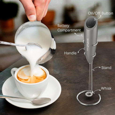 SIMPLETaste Milk Frother Handheld Battery Operated Electric Foam Maker, Drink Mixer with Stainless Steel Whisk and Stand for Cappuccino, Bulletpro...