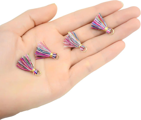 100 pcs Multi-Colors Mini Tiny Handmade Craft Tassels with Golden Jump Ring for Earring Jewelry Accessories and Other DIY Supplies (Rainbow, 2 cm)...