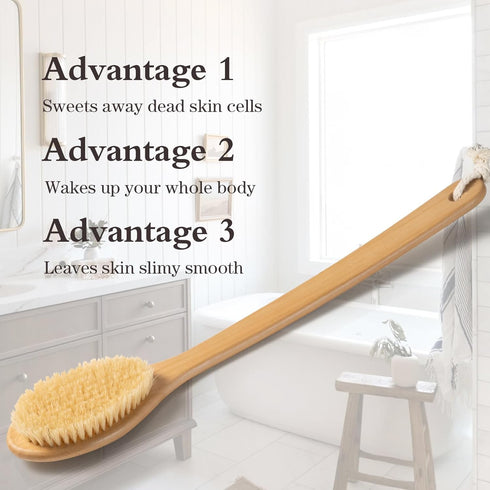 Bamboo Long Handle Back Scrubber Brush,Dry Body Scrubber for Dry Skin, Blood Circulation, Cellulite Treatment,Dry Brush Suitable for All Kinds of ...