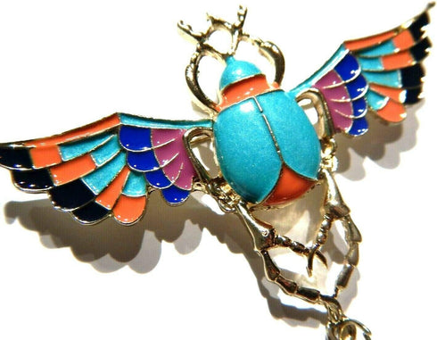 Colorful Winged Scarab Beetle Brooch Aqua Blue & Goldtone Egyptian Pin...