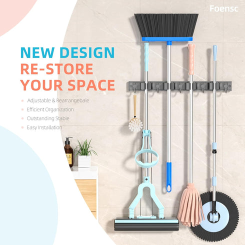 Broom Holder Wall Mount, Improved Adjustable Broom Holder, Super Anti-Slip Mop and Broom Holder Wall Mount, Heavy Duty Tool Organizer for Laundry ...