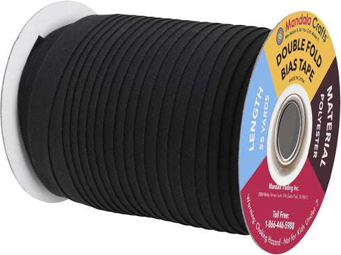 Mandala Crafts Double Fold Bias Tape for Sewing - 55 Yds Black Bias Tape Double Fold 1/2 Inch Hem Quilt Binding Black Seam Binding Tape - Fabric P...