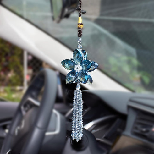 AuMoHall Crystal Flower Car Rear View Mirror Pendant Car Hanging Ornament Lucky Car Charm with Dangle Beads, Blue...