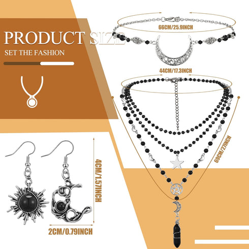 3 Pcs Halloween Gothic Sun and Moon Jewelry Set Head Chain Multilayer Star Choker Crystal Earrings (Silver,Boho)...