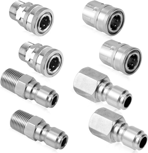 8pcs Pressure Washer Fast Connect, 1/4in Pressure Washer Adapter Set Male & Female Thread Pressure Washer Couplers Fittings Stainless Steel Power ...