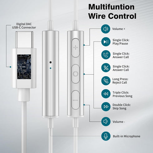 USB C Headphones Magnetic Wired Earbuds Stereo in-Ear Type C Earphones with Microphone Volume Control Noise Isolation for Samsung S24 S23 FE S22 U...
