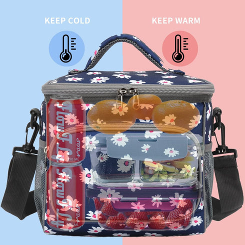 FlowFly Insulated Reusable Lunch Bag Adult Large Lunch Box for Women and Men with Adjustable Shoulder Strap,Front Zipper Pocket and Dual Large Mes...