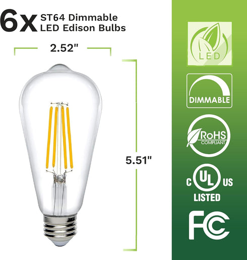 Bioluz LED 92 CRI Dimmable Edison Light Bulbs 800 Lumen Warm White 2700K 60W Replacement ST64 / ST19 / ST58 8.5W E26 Standard Base Title 20 High E...