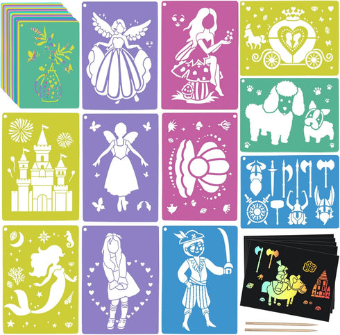 30 Pieces Stencils for Kids with 5 Pcs Scratch Paper, 7 x 9.85 Inch Large Sidewalk Chalk Stencils, Princesses Fairies Themed Primary Shape Stencil...