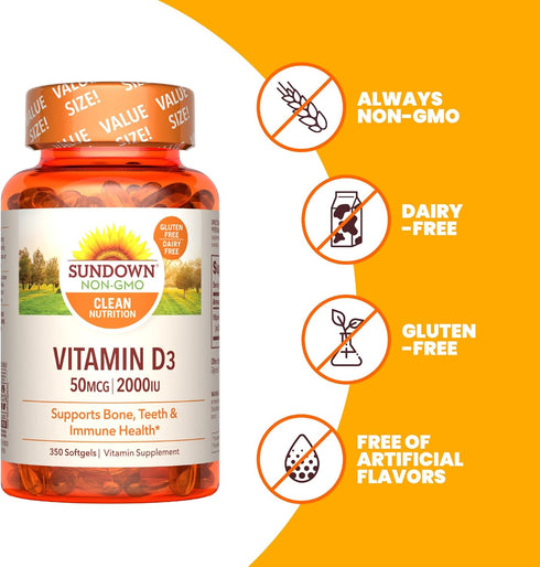 Sundown Vitamin D3 2000 IU Softgels, Supports Bone, Teeth, and Immune Health, 350 Count...