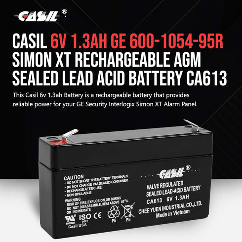 Casil 6V 1.3Ah SLA/AGM Replacement Battery – Maintenance-Free, Compatible with GE Interlogix 60-914, GE Simon 3, and GE Simon XT Panels...
